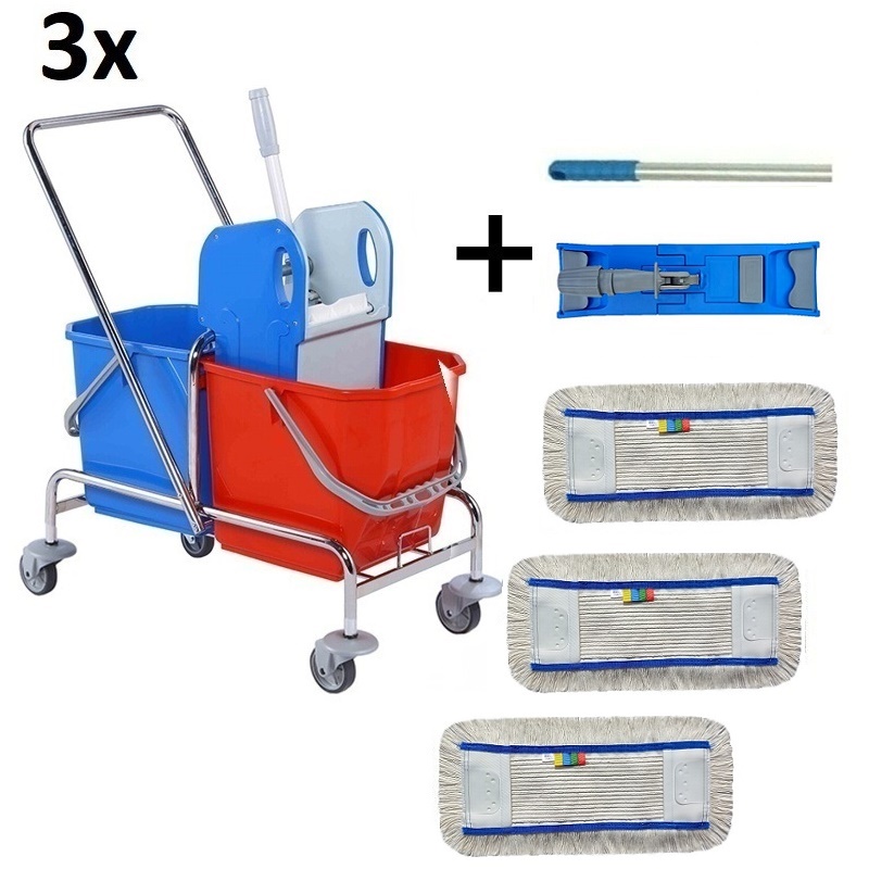 Set 3ks Upratovací vozík DOUBLE BRS 2x25 + FLIPPER Mop zostava s deviatich návlekmi 40cm