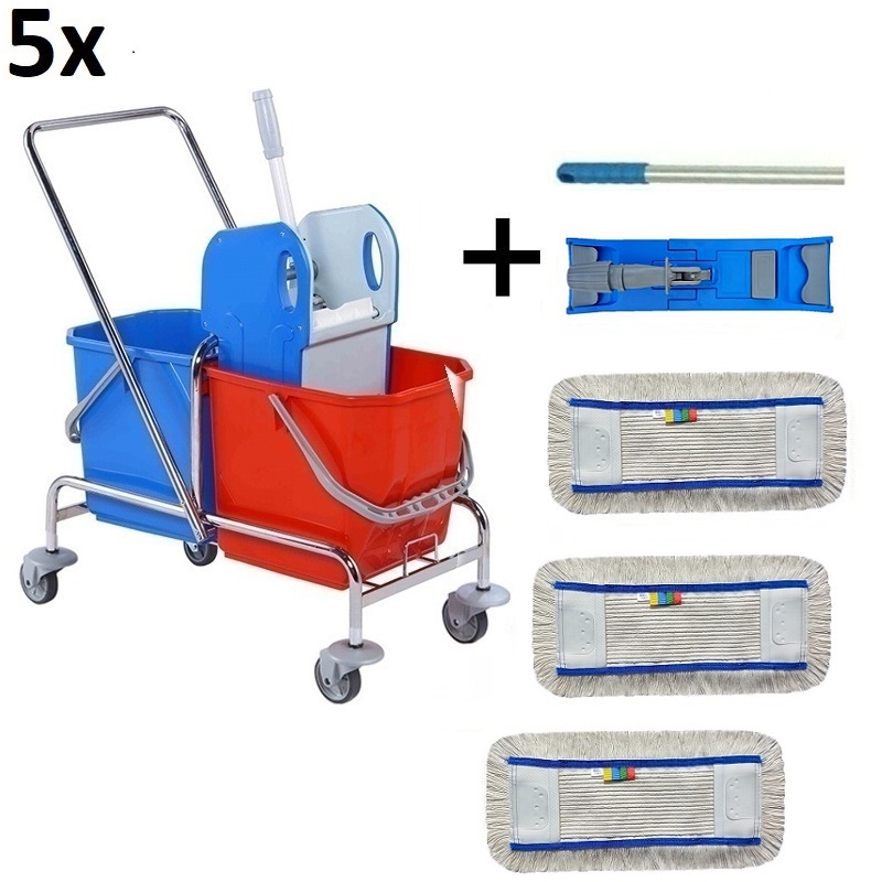 Set 5ks Upratovací vozík DOUBLE BRS 2x25 + FLIPPER Mop zostava s pätnástich návlekmi 40cm