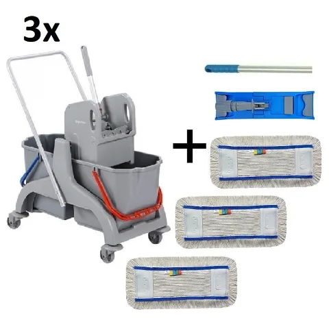 3ks Upratovací vozík DOUBLE PL 2x25l + FLIPPER Mop zostava s deviatich návlekmi 40cm
